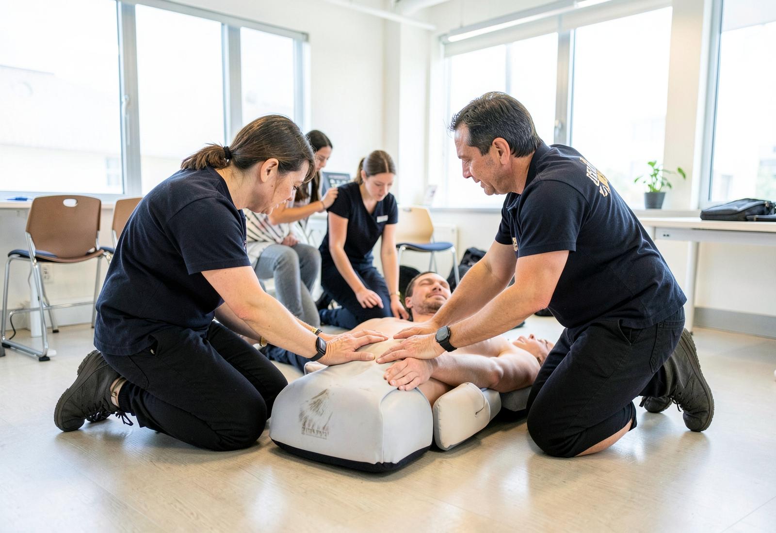 Students practicing CPR on manikins during a Bay Area training class